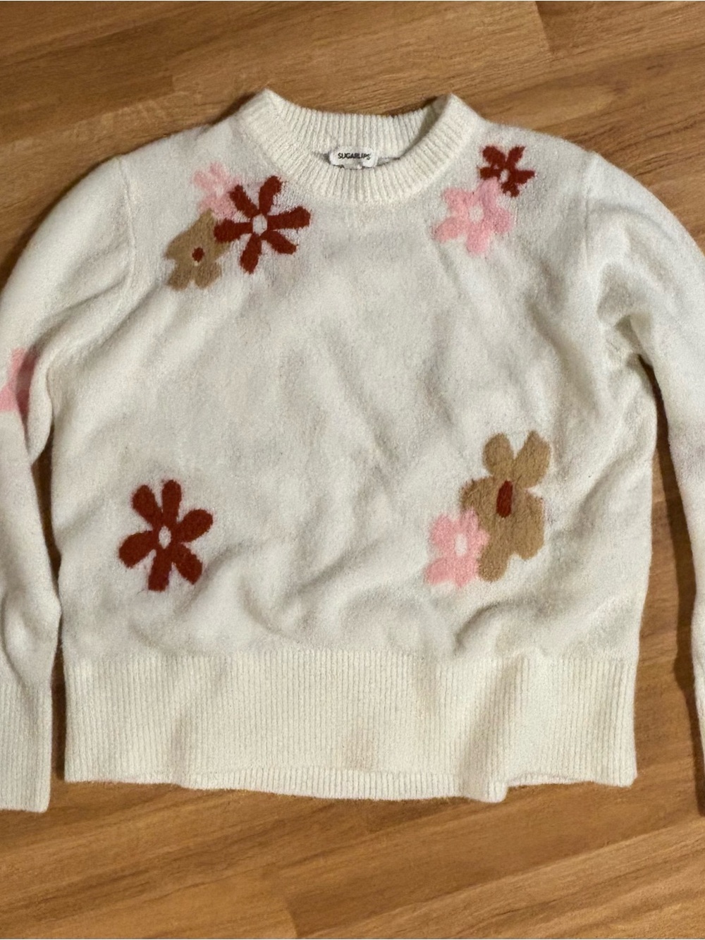 Sugarlips Cream Crewneck Sweater with Pink & Brown Floral Motif. Large